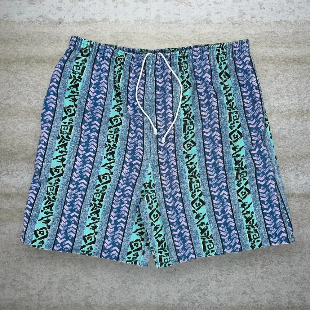 Vintage 90s Surf Style Sweat Shorts Mens L Baggy Wide Leg Blue Cotton Pattern